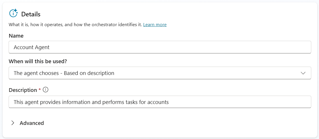 자식 에이전트 Details — Name과 Description