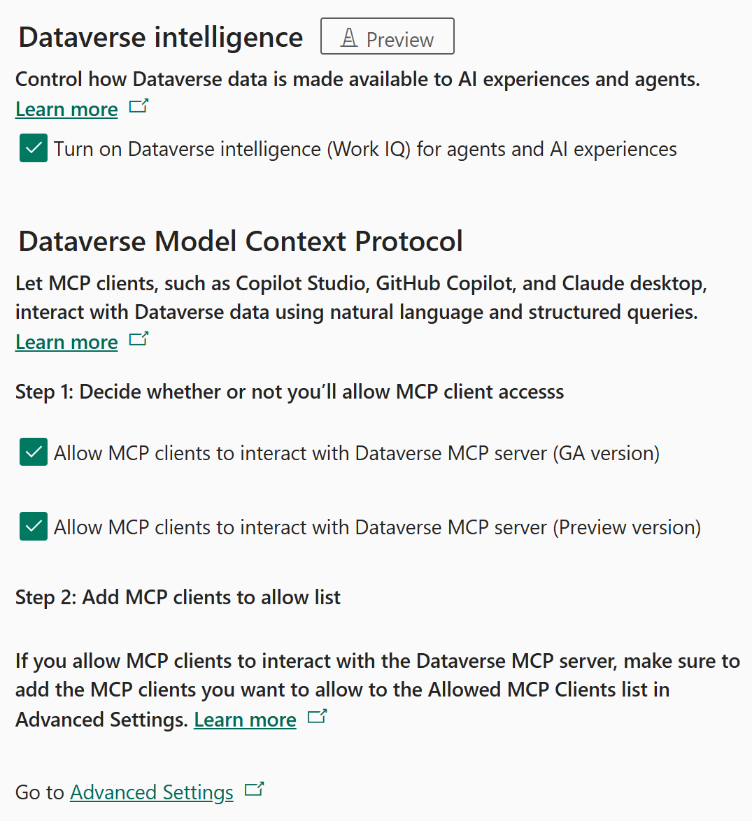 Work IQ + Dataverse MCP 기능 설정