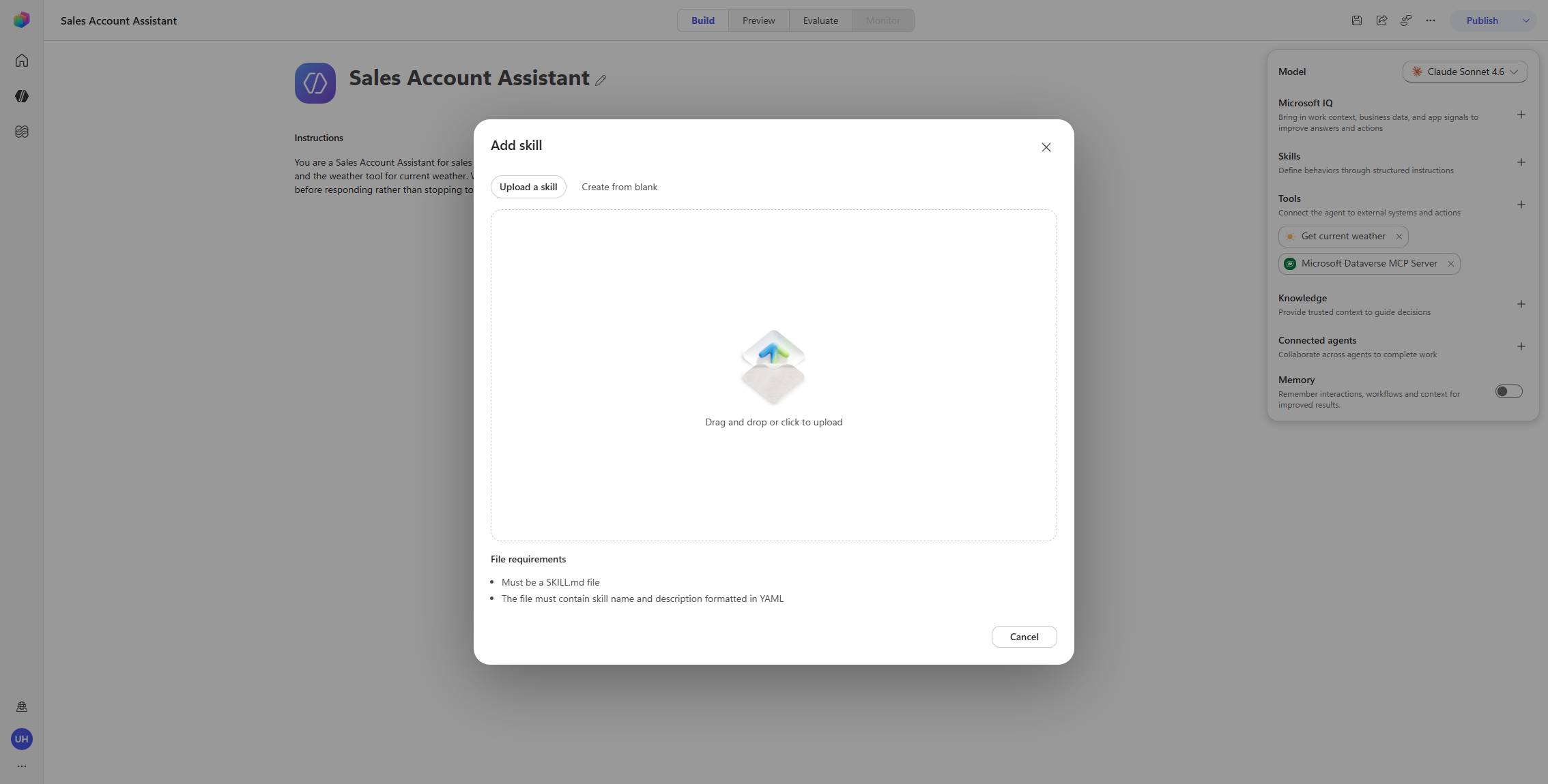 Add skill 대화상자 — Upload 또는 Create from blank