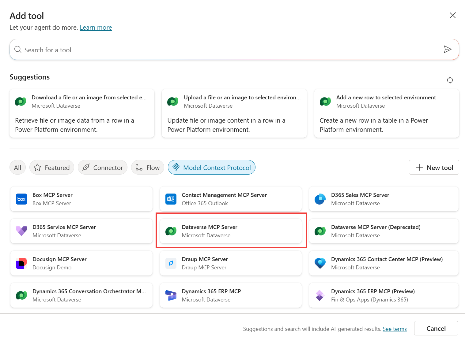 Dataverse MCP Server 옵션이 강조된 Add tool 대화상자
