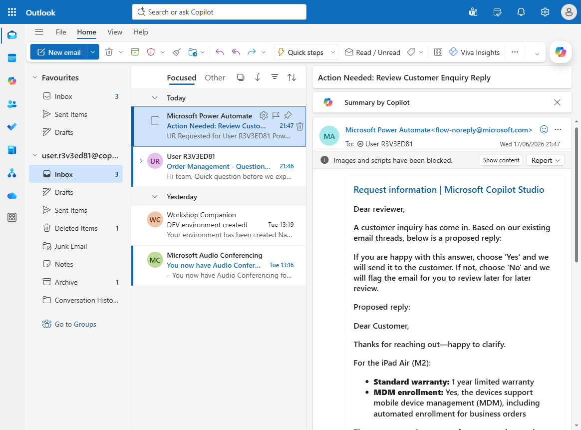 제안된 회신과 Yes 버튼이 있는 Outlook 승인 메일