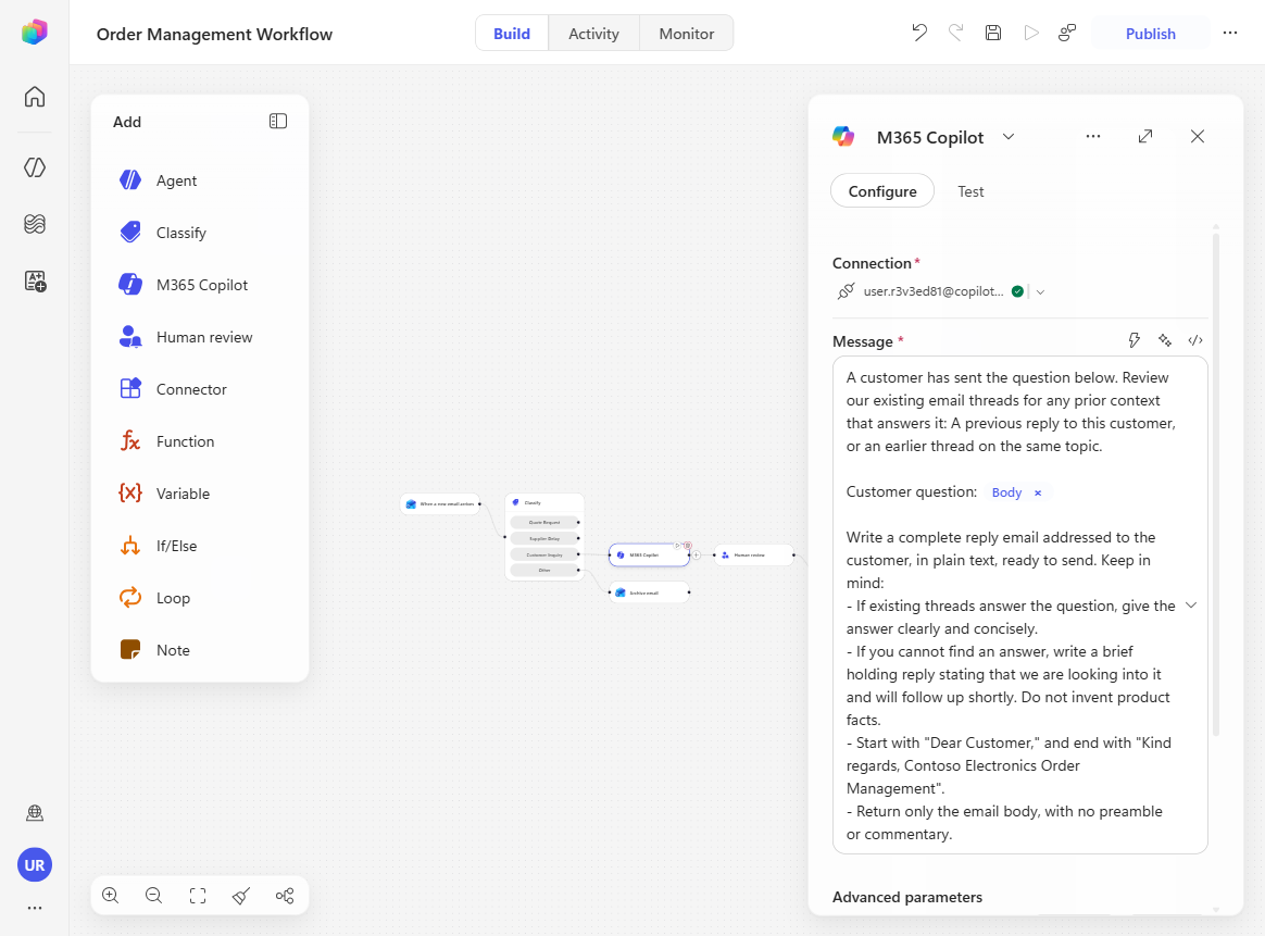 메일 본문의 Customer question 입력을 보여주는 M365 Copilot 노드