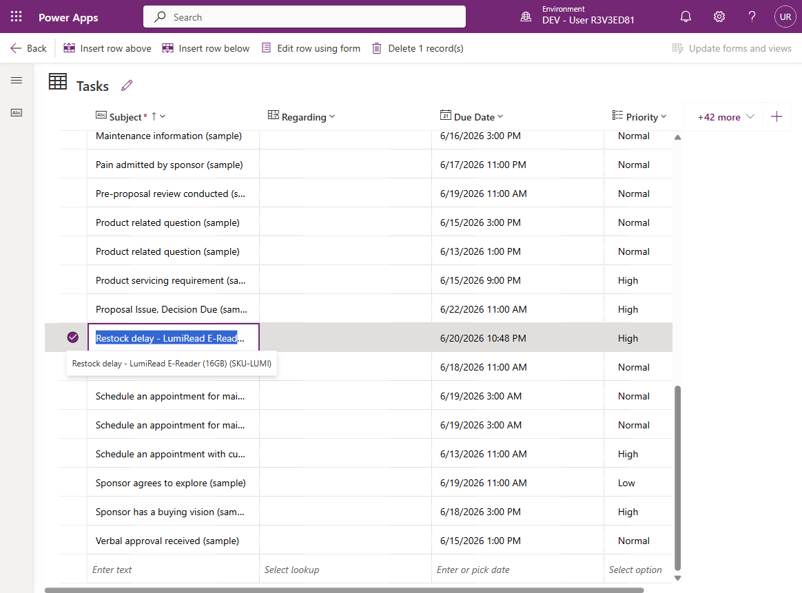 지연된 LumiRead 입고에 대해 생성된 Dataverse Task 행